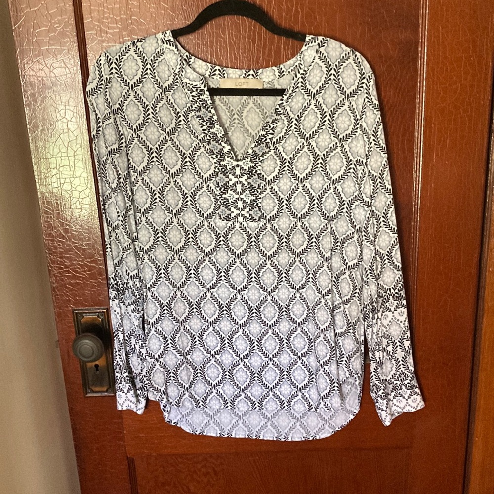 Loft Blue, White, Black Graphic Tunic with Mandarin Collar